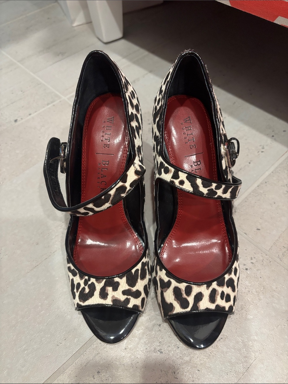 White House Black Market Leopard Mary Jane Peep-Toe Heels - Black/Beige Size 7.5